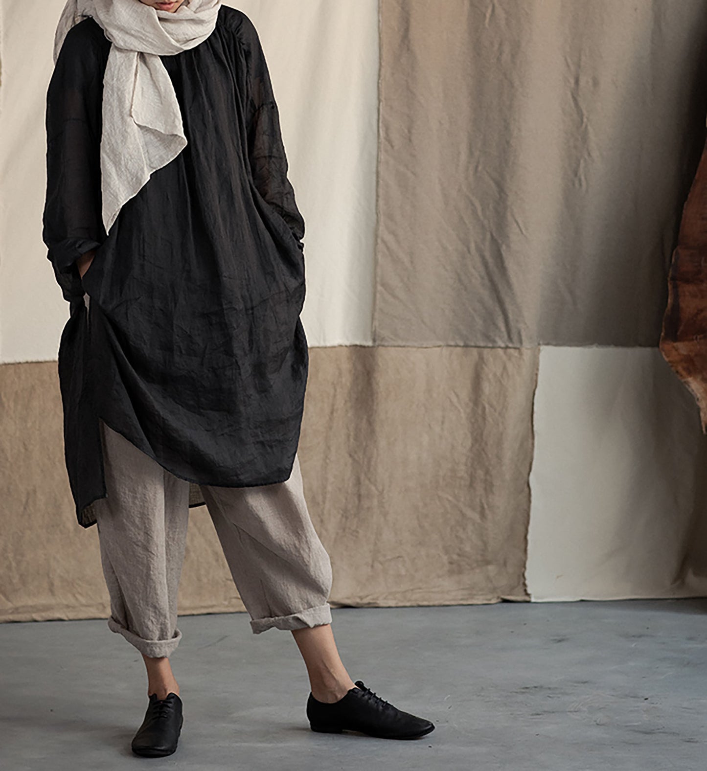 edoa Washed Ramie Gauze Gathered Tunic