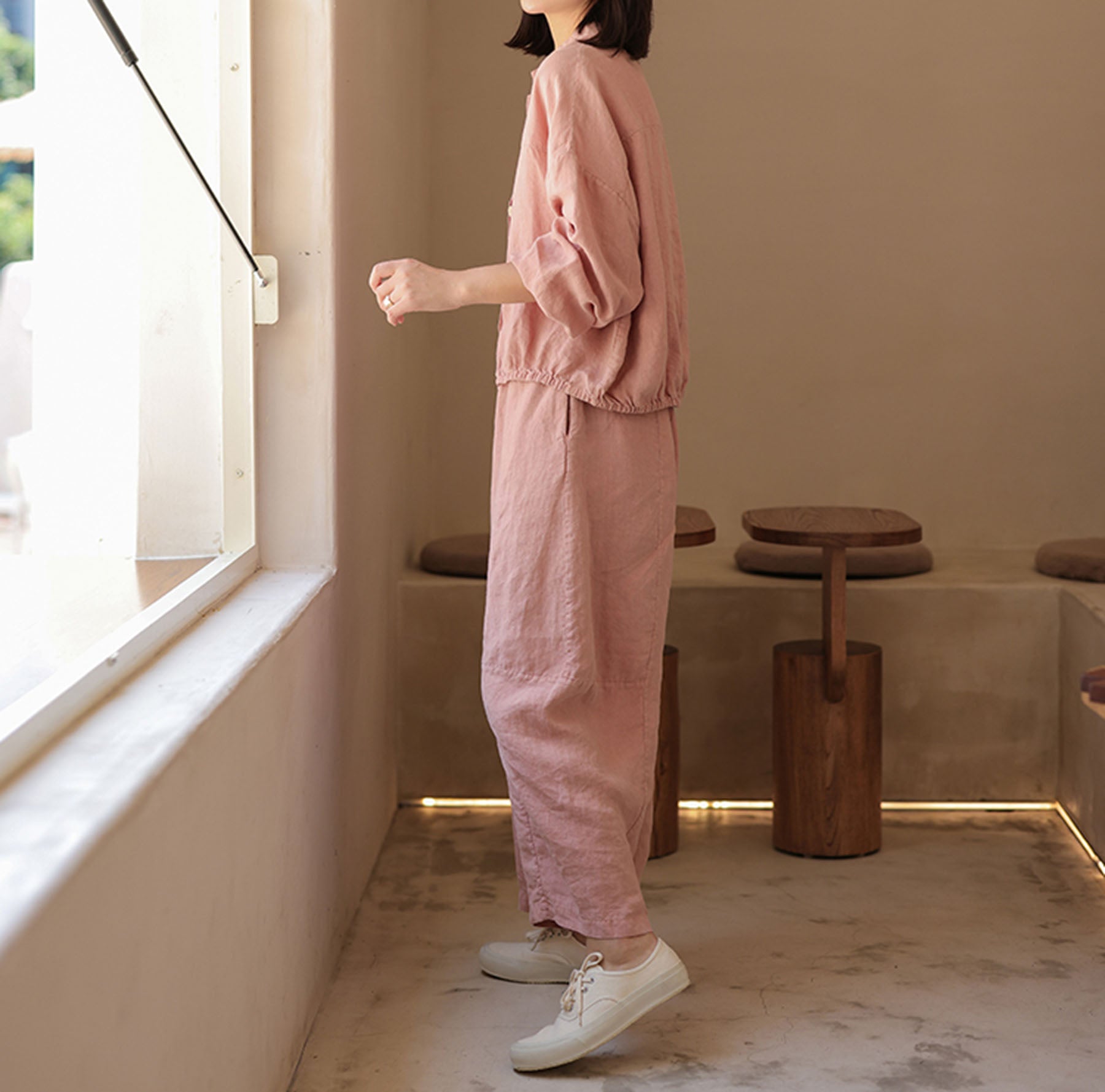 edoa Washed Linen Pink Boyfriend Pants