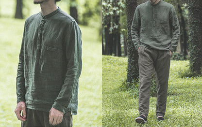 edoa Stand Collar Moss Green Washed Linen Shirt 
