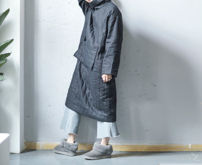 edoa Linen Turtle Neck Quilted Pull-over Coat
