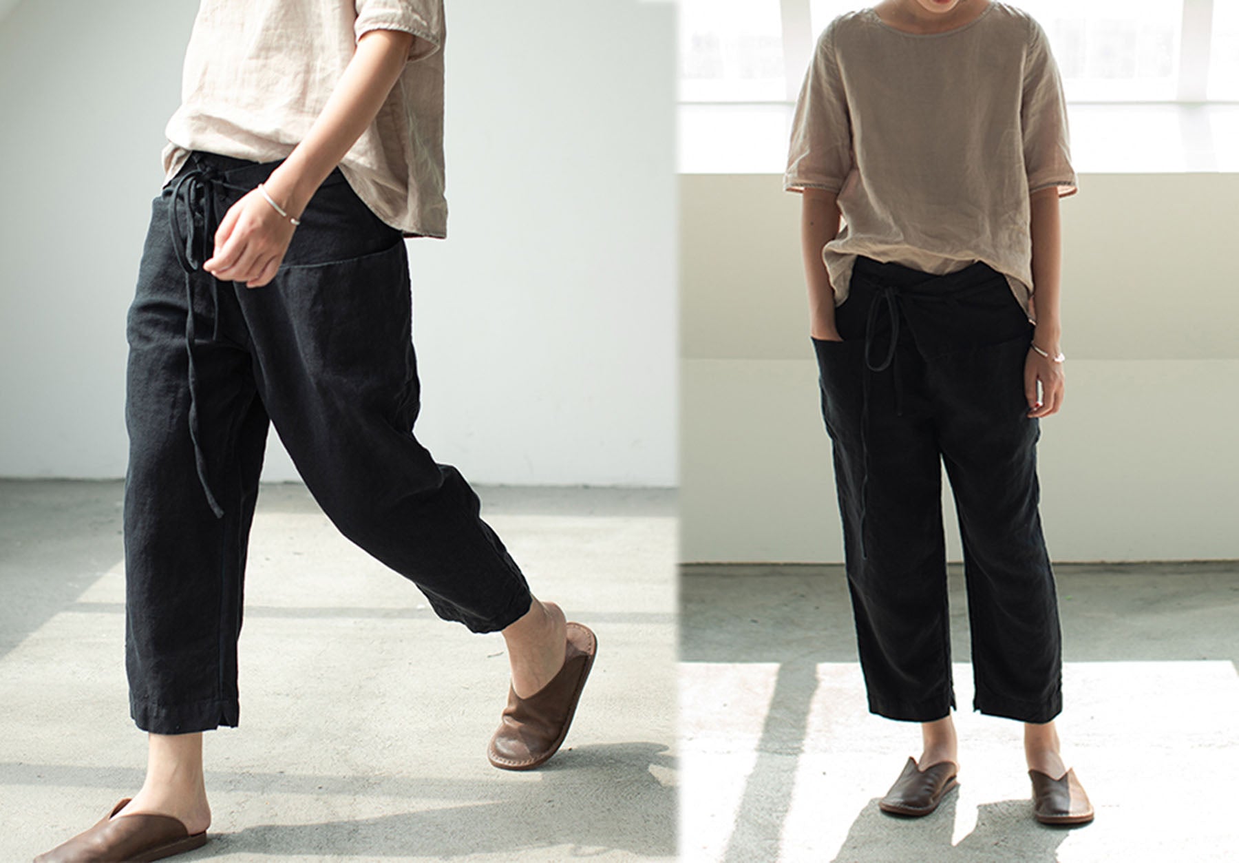 edoa Loose Fitting Pleated Linen Pants