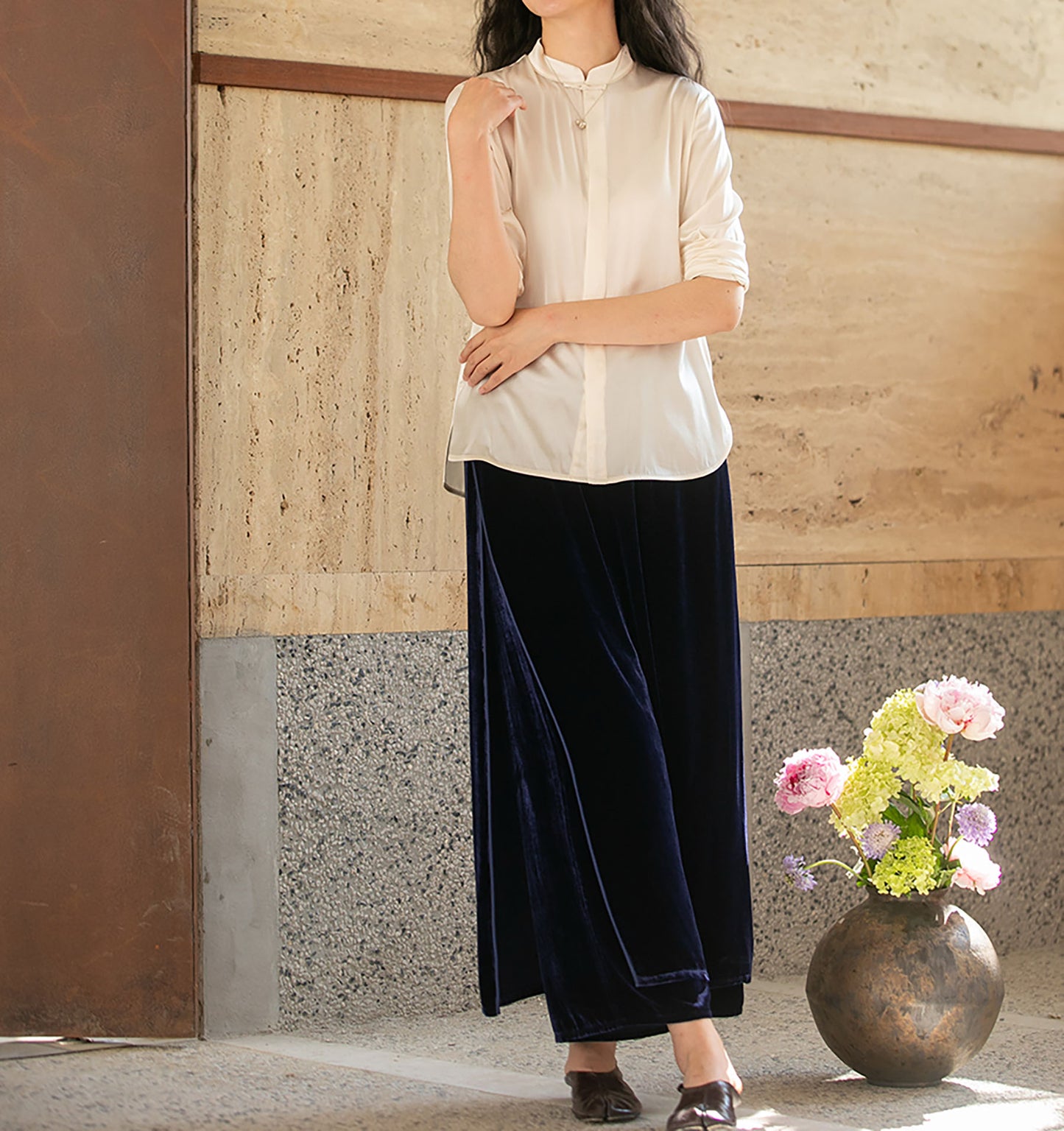 edoa Stretch Silk Satin Chinese Blouse