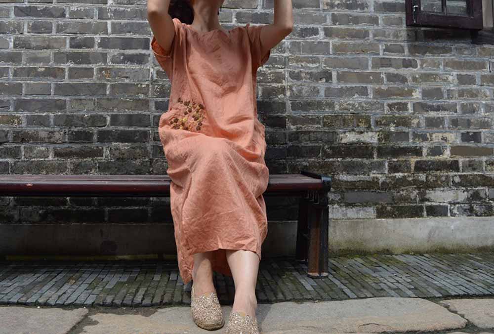 edoa Linen Dress with Hand Embroidery