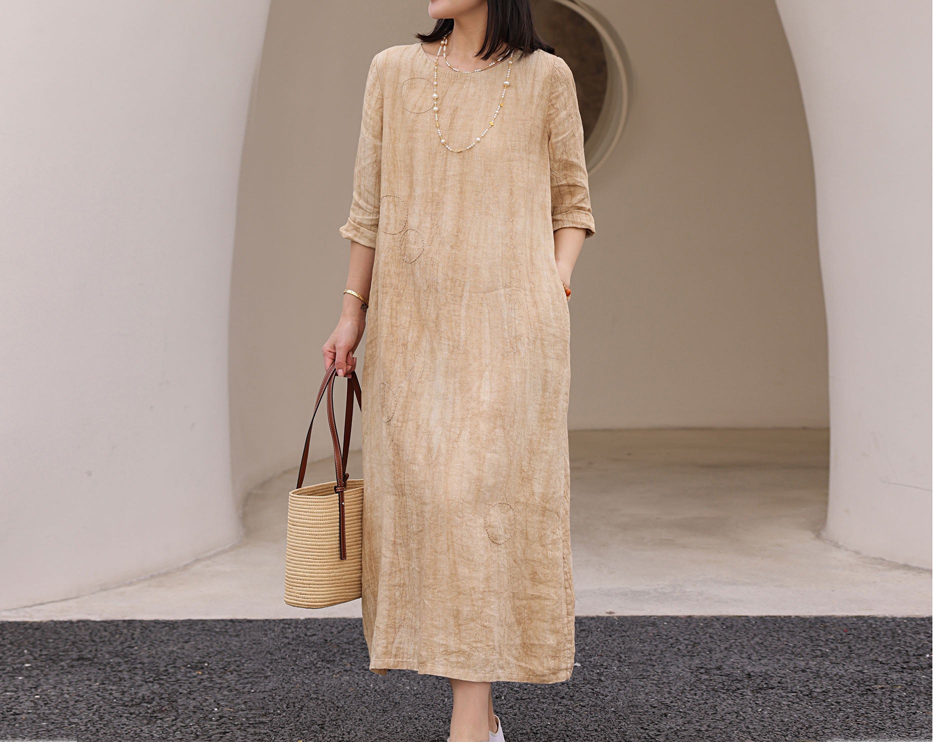 edoa Distressed Crinkled Linen A-line Dress with Hand Embroidery