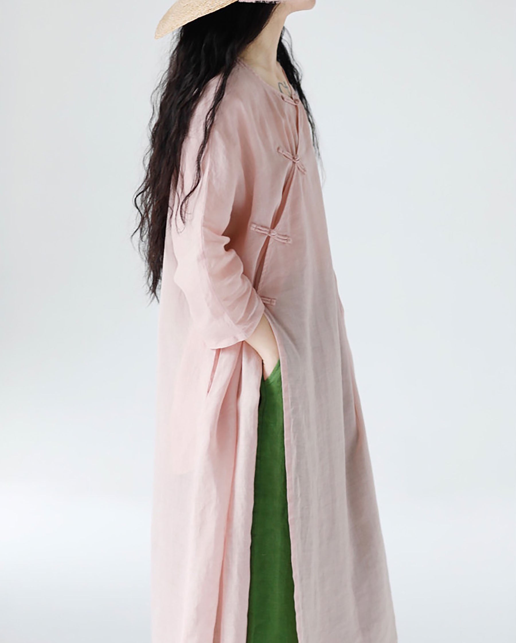 edoa Loose New Chinese Style Pink Ramie Bracelet Sleeve Cheongsam Dress