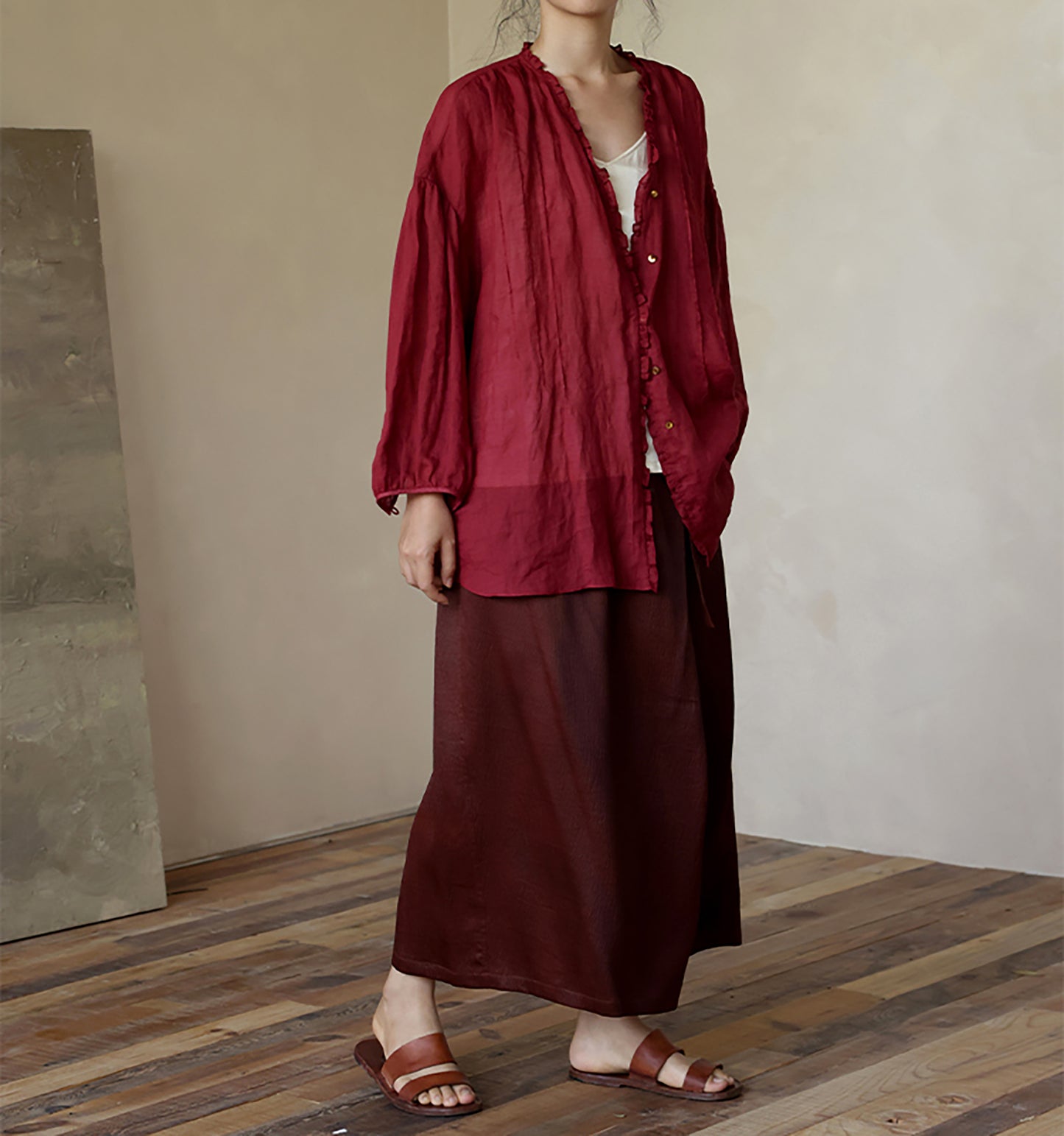 edoa Thin Ramie Pintuck Poet Blouse
