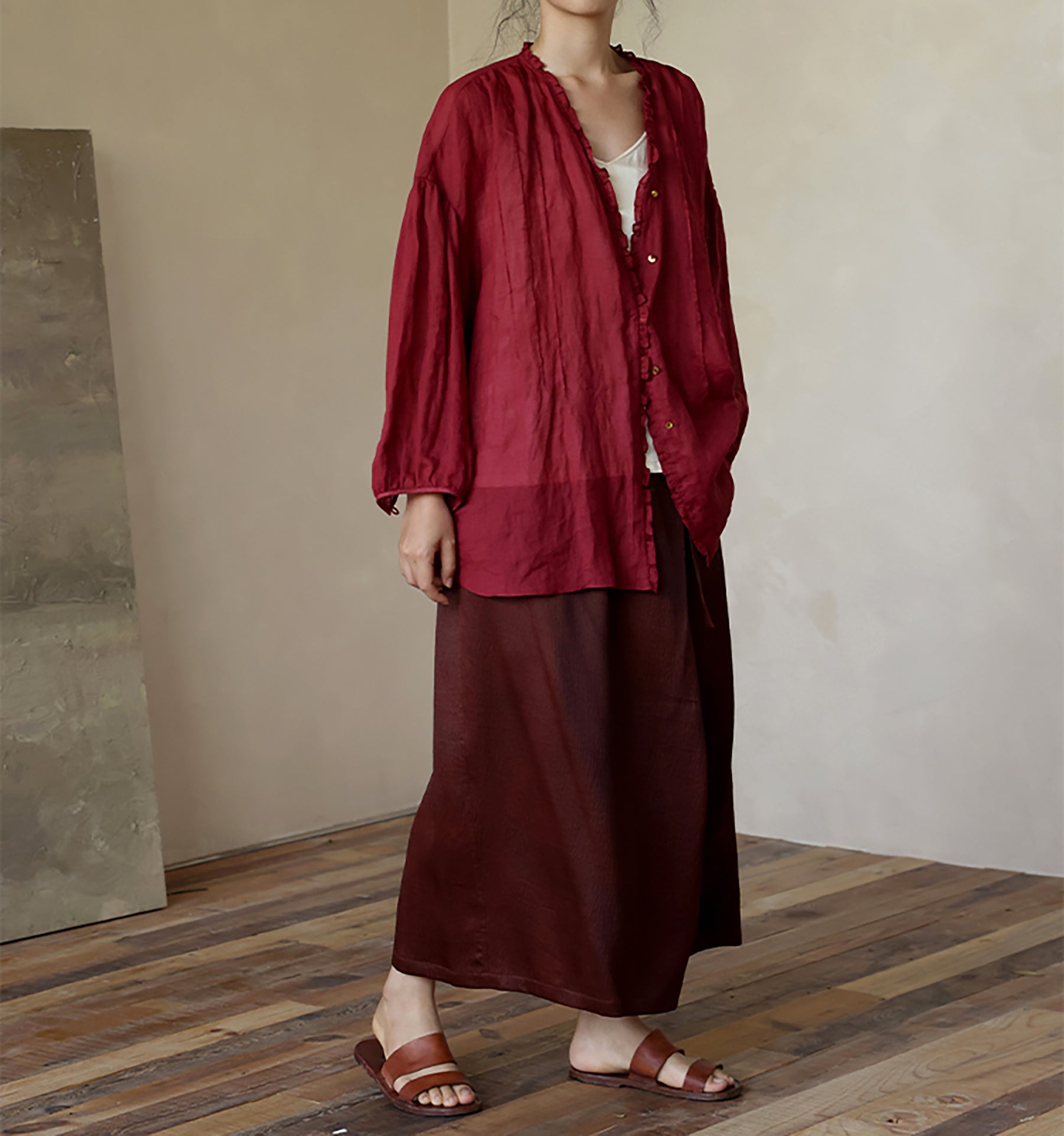 edoa Thin Ramie Pintuck Poet Blouse