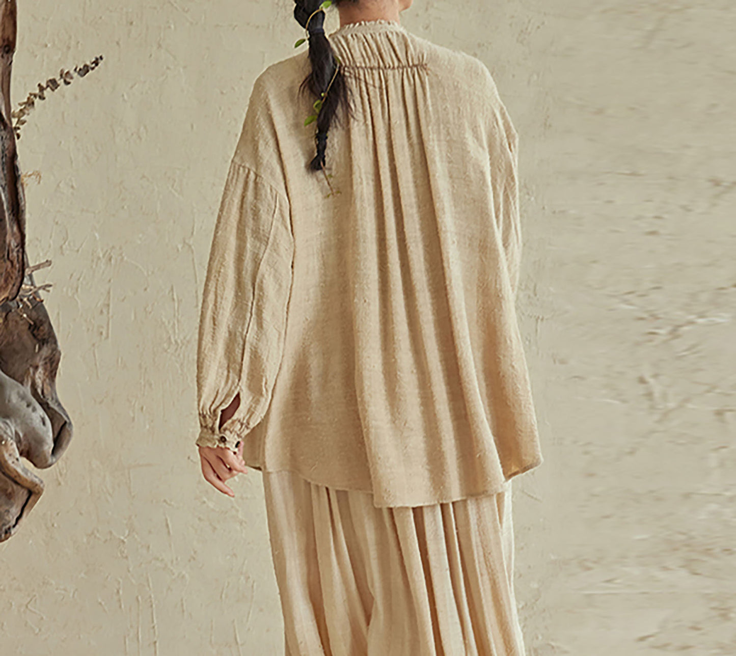edoa Raw Tussah Silk Smocking Shirt