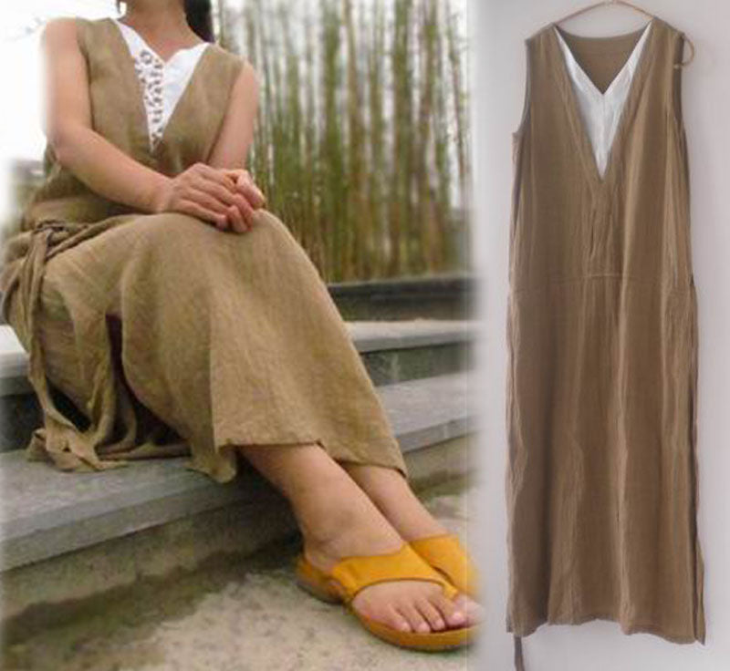 edoa Hand Embroidered Textured Ramie Mock Layer Dress