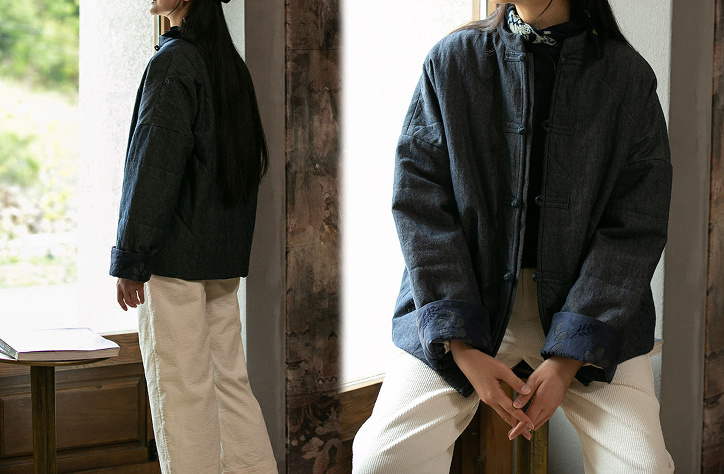 edoa Chinese Cheongsam Padded Denim Jacket