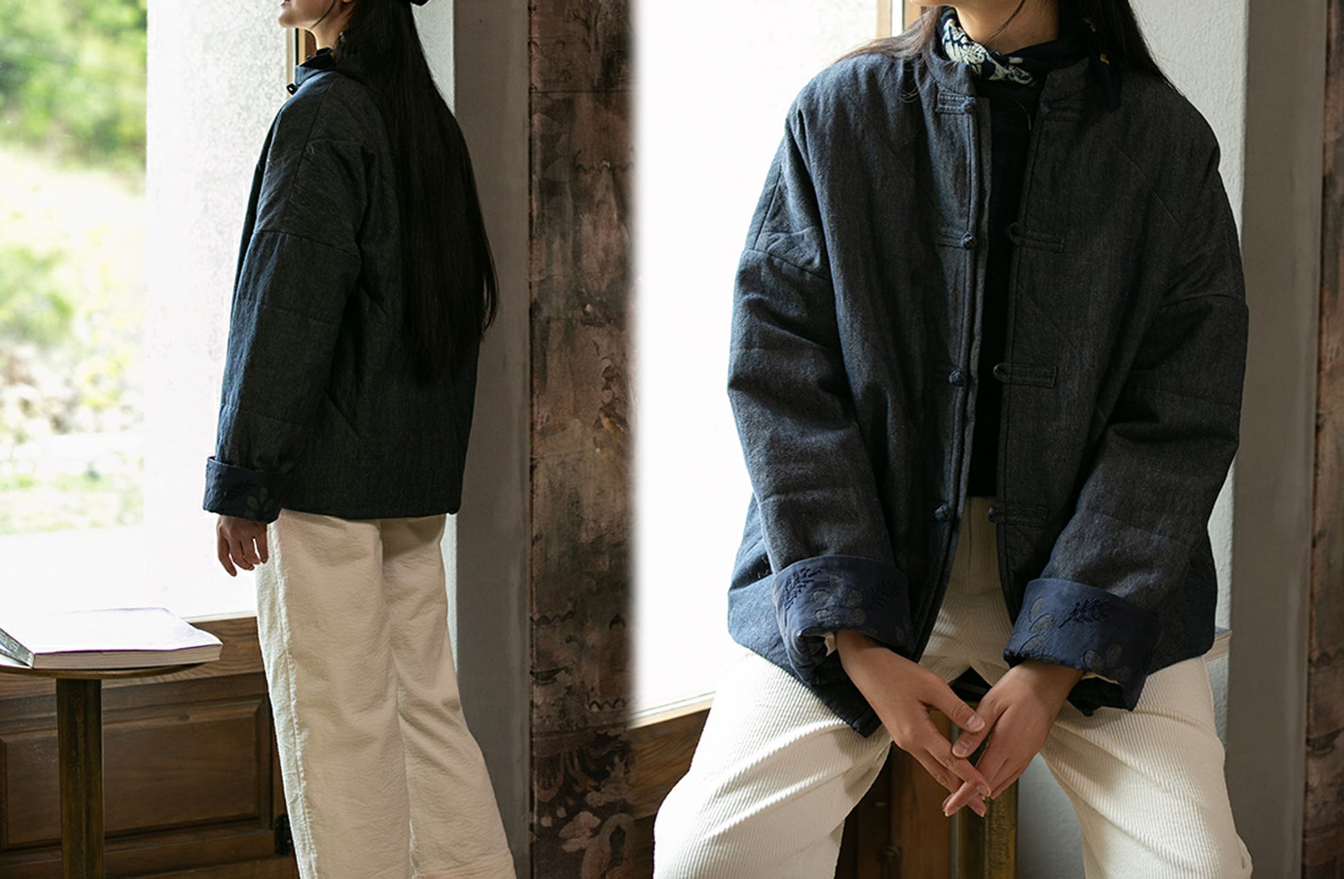 edoa Chinese Cheongsam Padded Denim Jacket