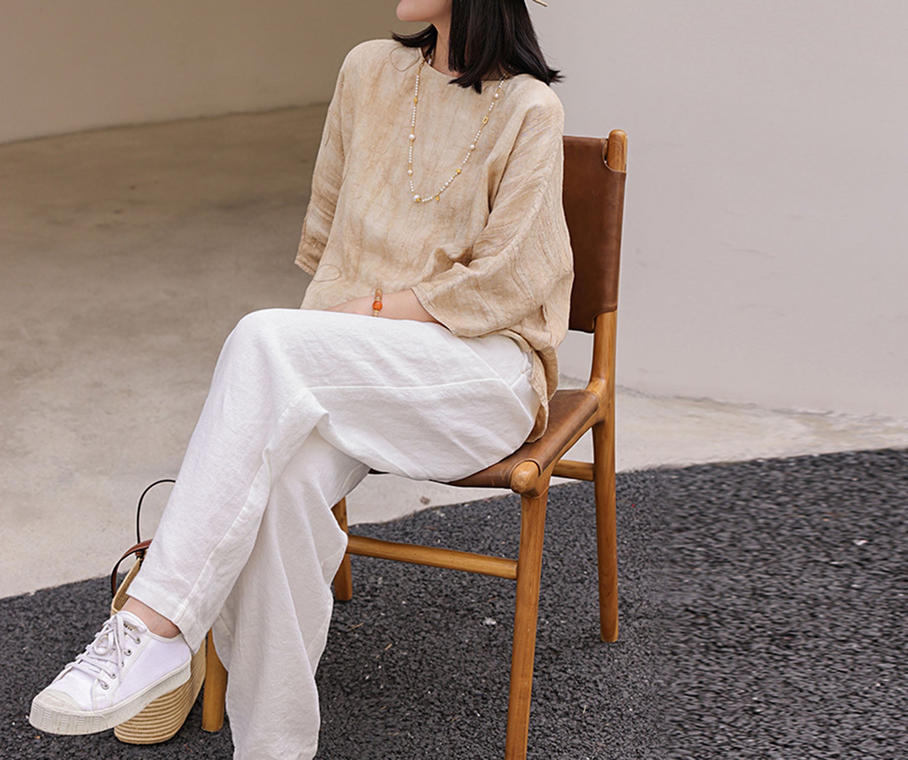 edoa Distressed Crinkled Linen Top with Hand Embroidery 