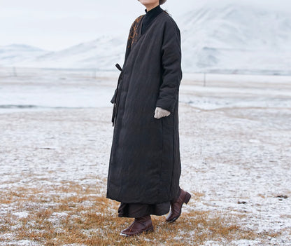 edoa Mud Silk Spun Hanfu Goose Down Coat with Hand Embroidery