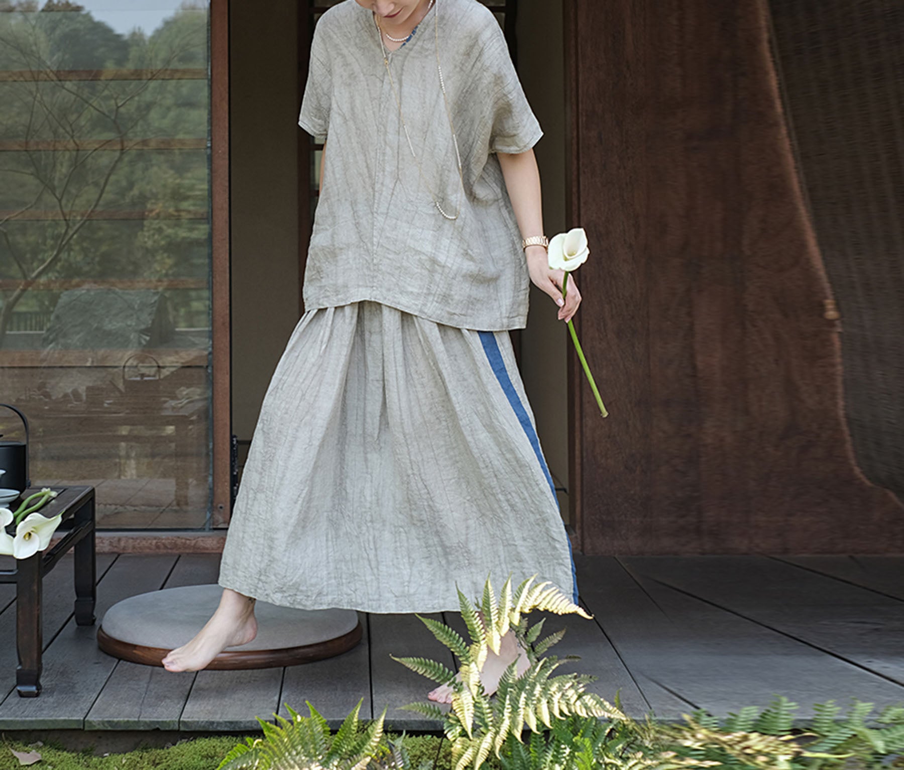 edoa Two Toned Crinkled Linen Skirt