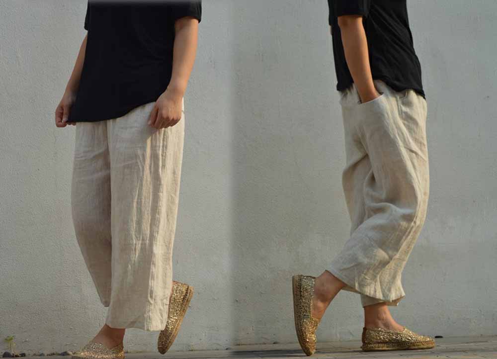 edoa Loose Fitting Linen Cropped Wide Leg Pants 