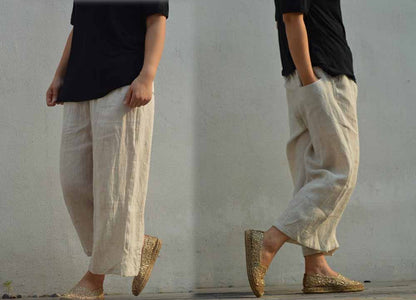 edoa Loose Fitting Linen Cropped Wide Leg Pants 