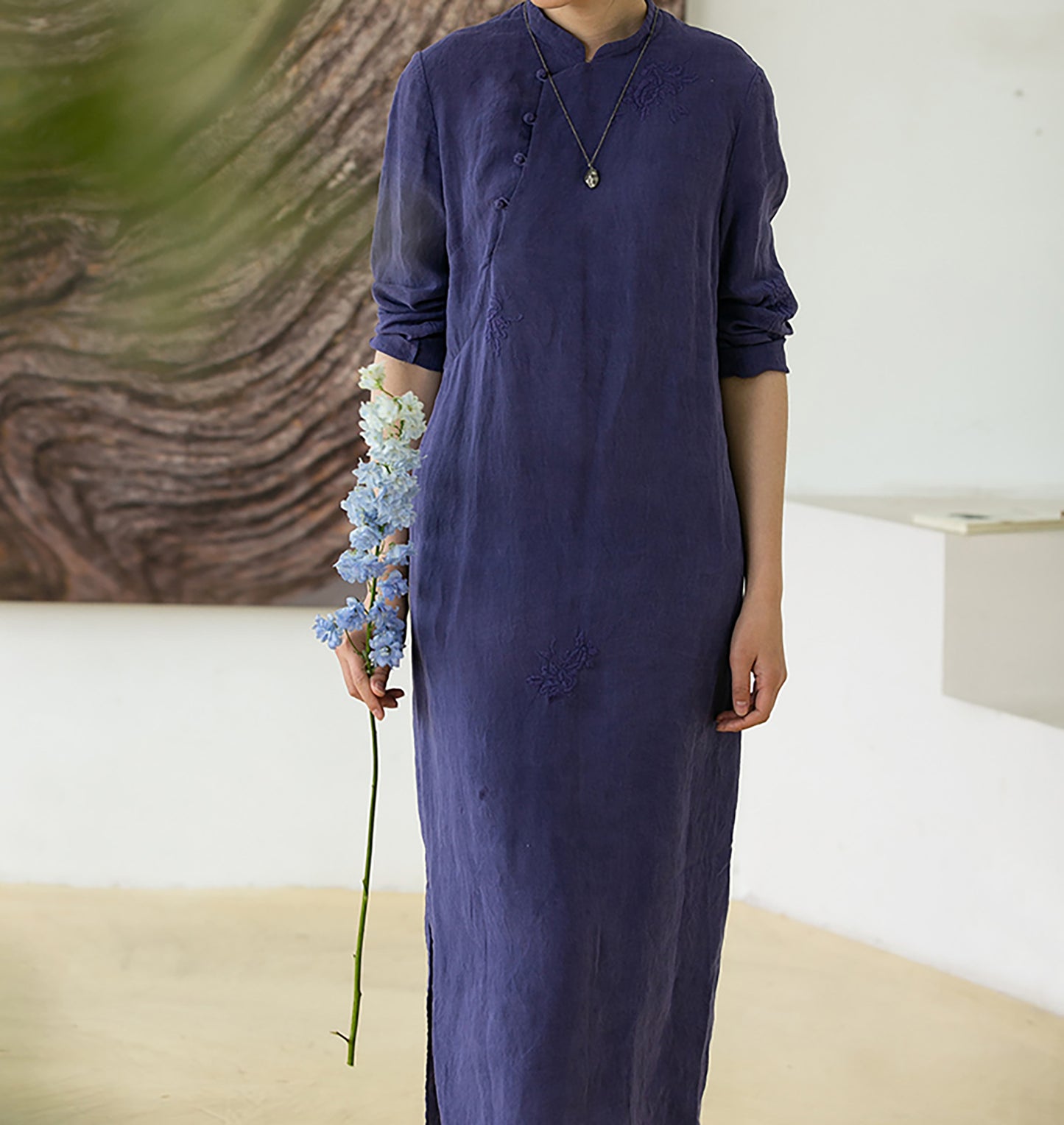 edoa Embroidered Linen Qipao Dress