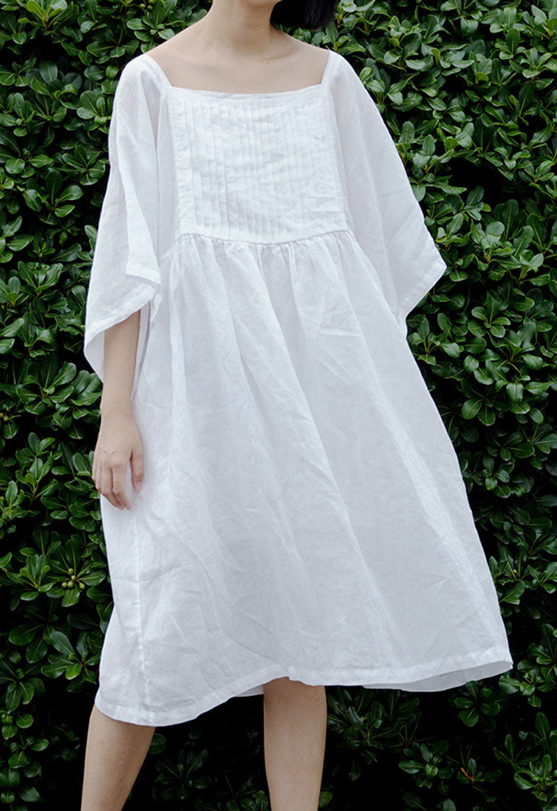 edoa White Ramie Pintucked Tunic Dress
