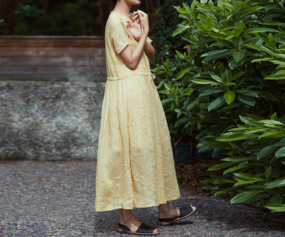 edoa French Knot Embroidery Ramie Dress 