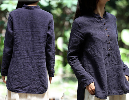 Stand Collar Washed Linen Cotton Blent Shirt to0272 166