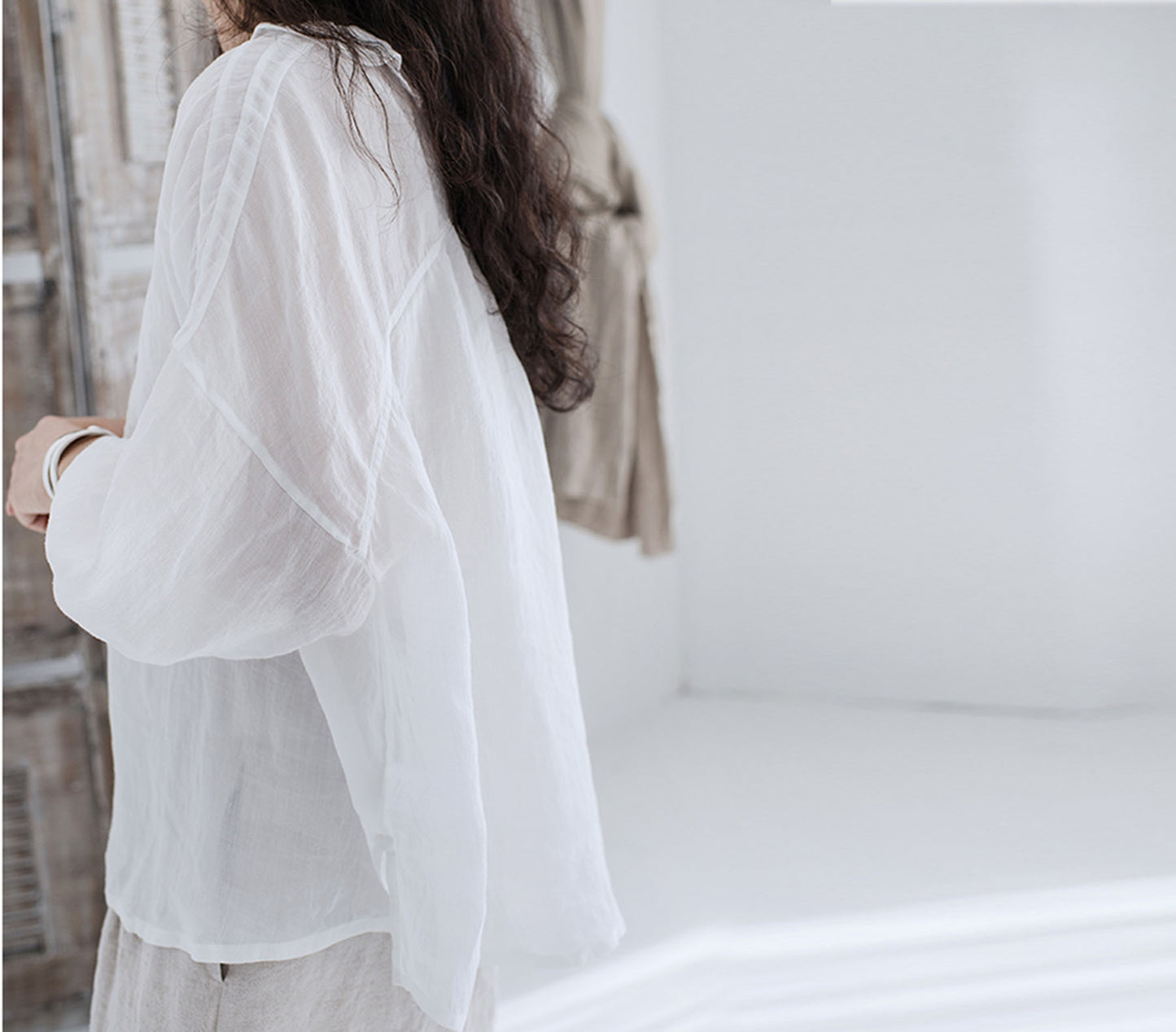 edoa Crinkled Ramie Victorian Top with Ruffled Neckline 