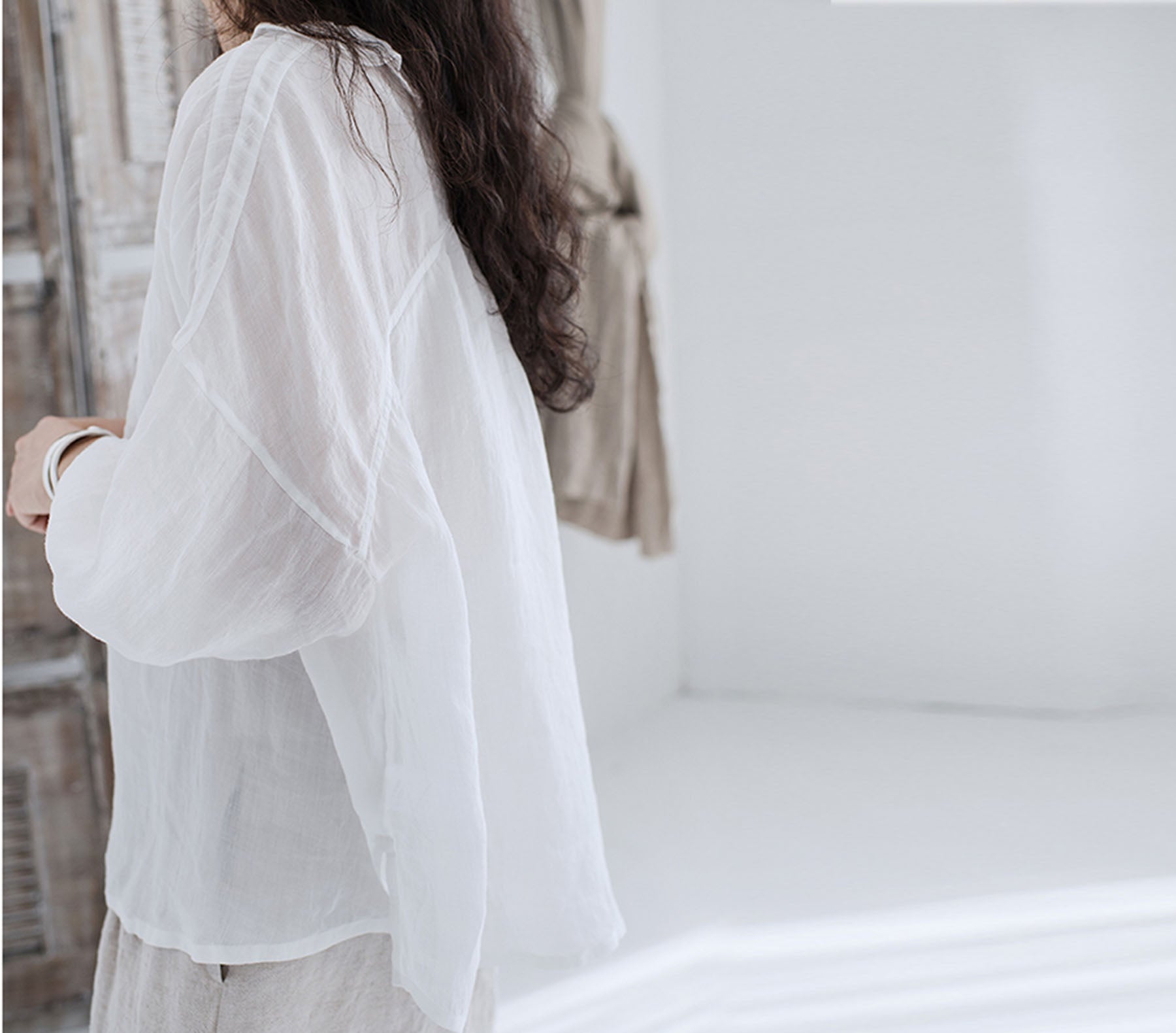edoa Crinkled Ramie Victorian Top with Ruffled Neckline 