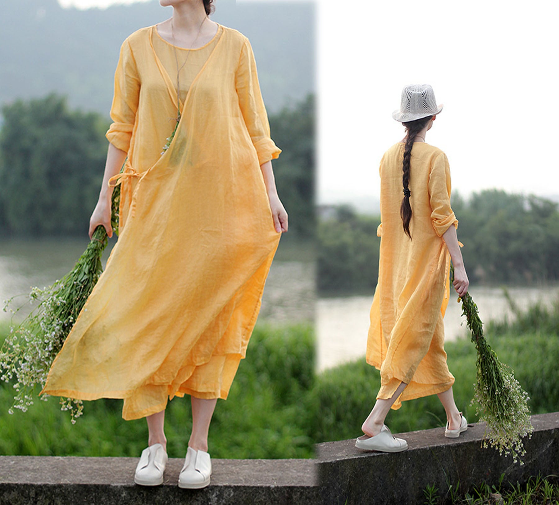 edoa Two Layer Ramie Long Spring Dress 