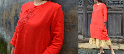 edoa red Washed Linen Modified Qipao