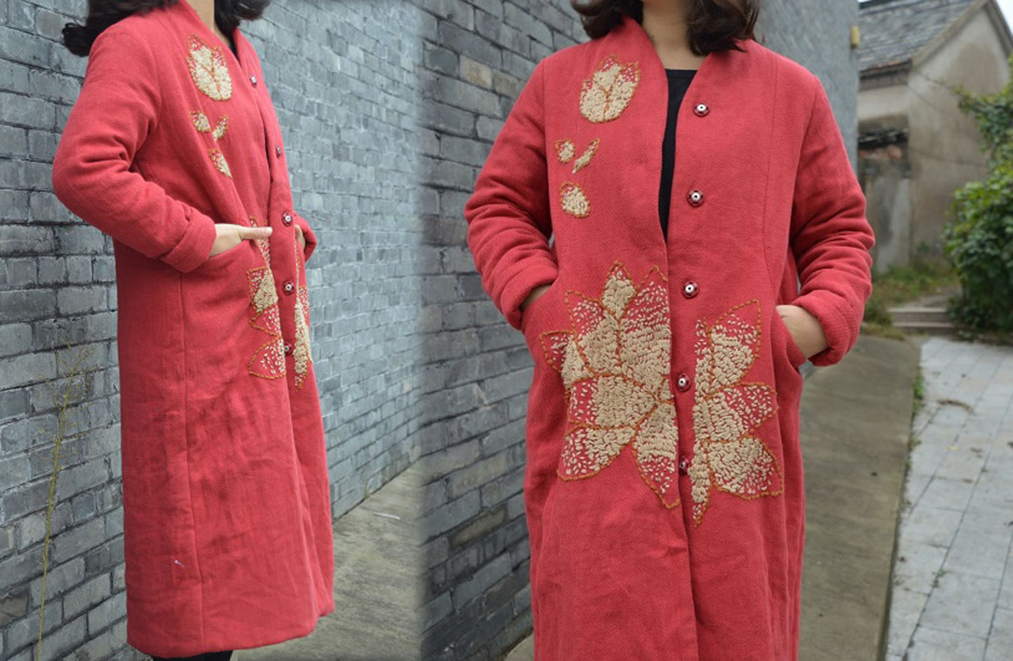 Twill Linen Padding Coat with Hand Embroidery co0209 446