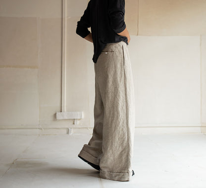 edoa Wide Leg Linen Pleated Pants with Detachable Apron 
