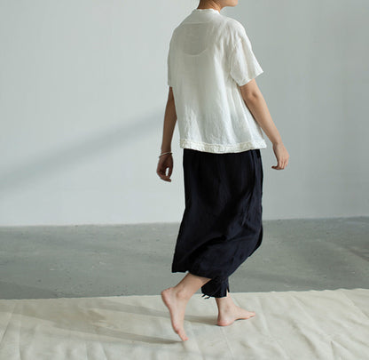 edoa Stand Collar Loose Linen Pleated Shirt 