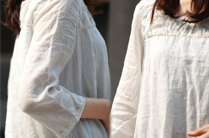 edoa Contrast Hand Stiched Detailed White Ramie Dress
