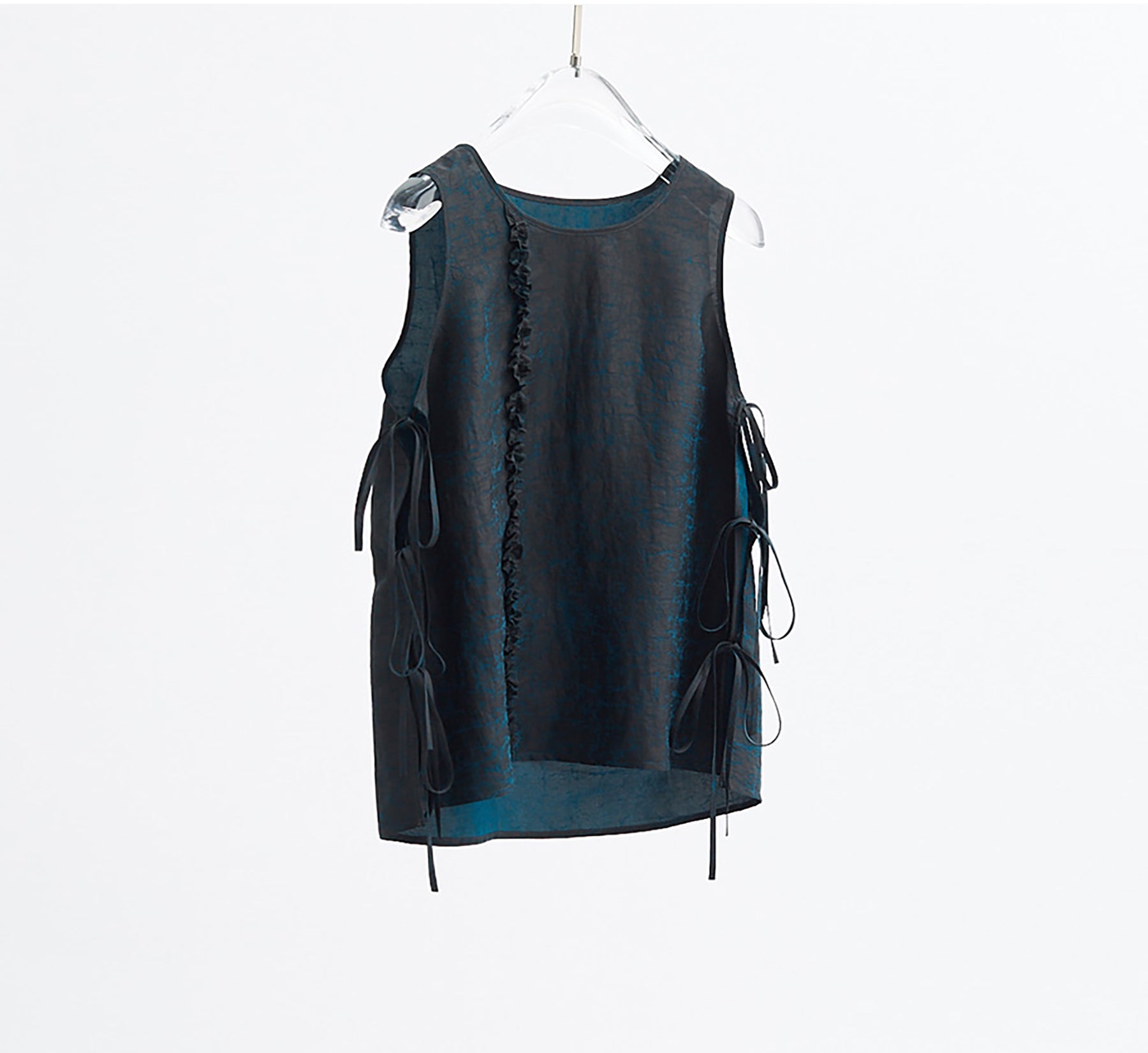 edoa Cracked Mud Silk Self-tie Top with Ruffles in Peacock Blue