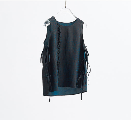 edoa Cracked Mud Silk Self-tie Top with Ruffles in Peacock Blue