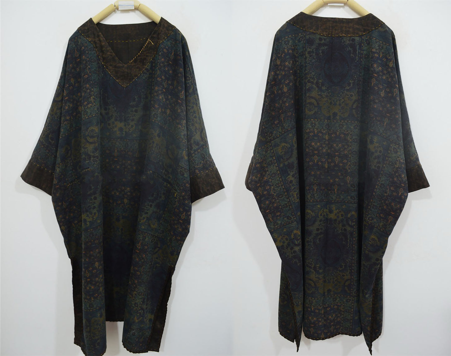 Reversible Loose Fitting Printed V-neck Mud Noil Silk Dress dr0239 X190