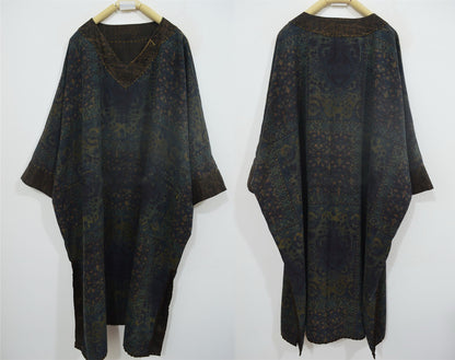 Reversible Loose Fitting Printed V-neck Mud Noil Silk Dress dr0239 X190