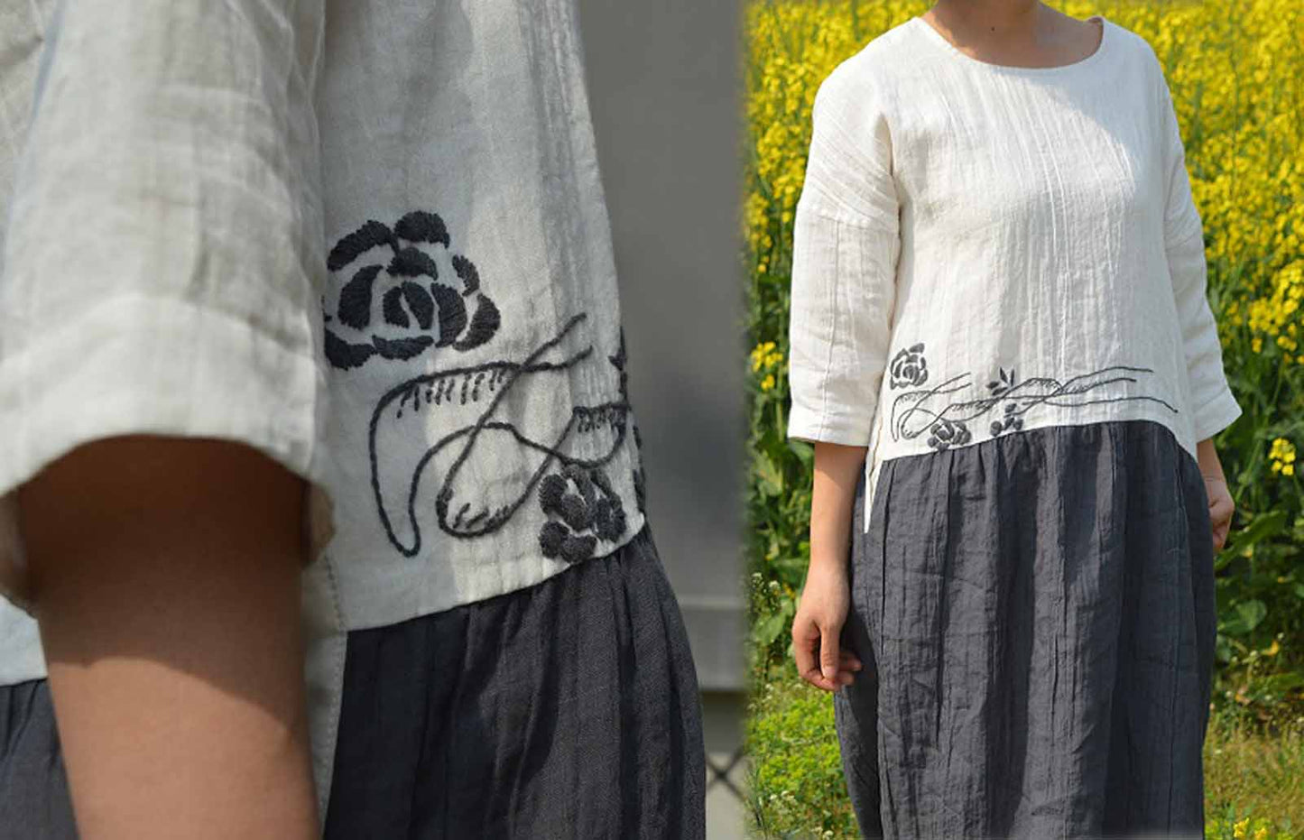 edoa Hand Embroidered Bi-color Ramie Dress