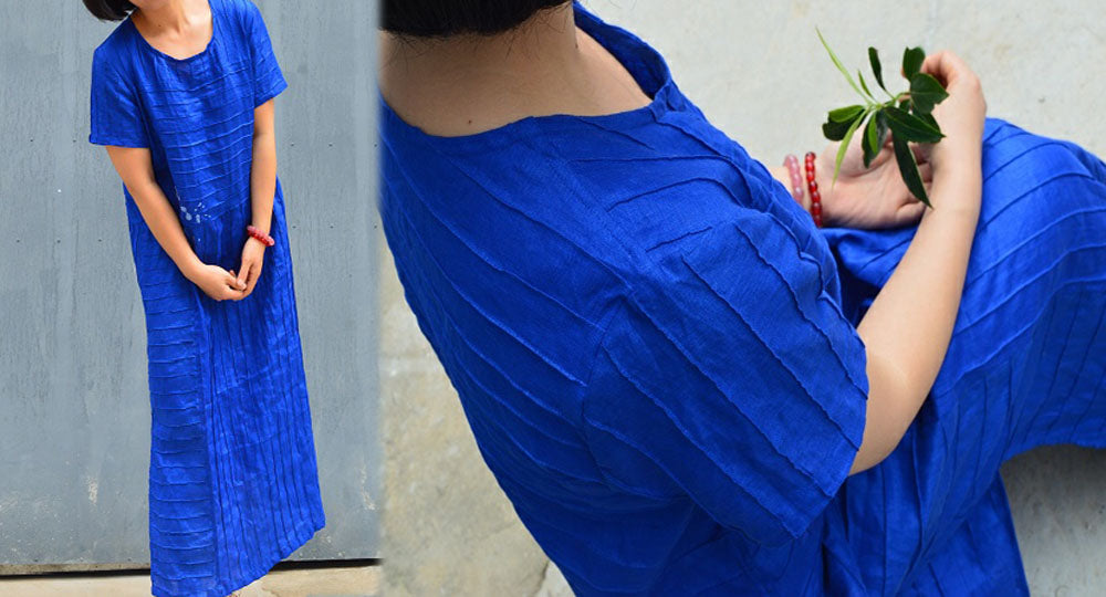 edoa Electric Blue Pintucked Allover Linen Dress