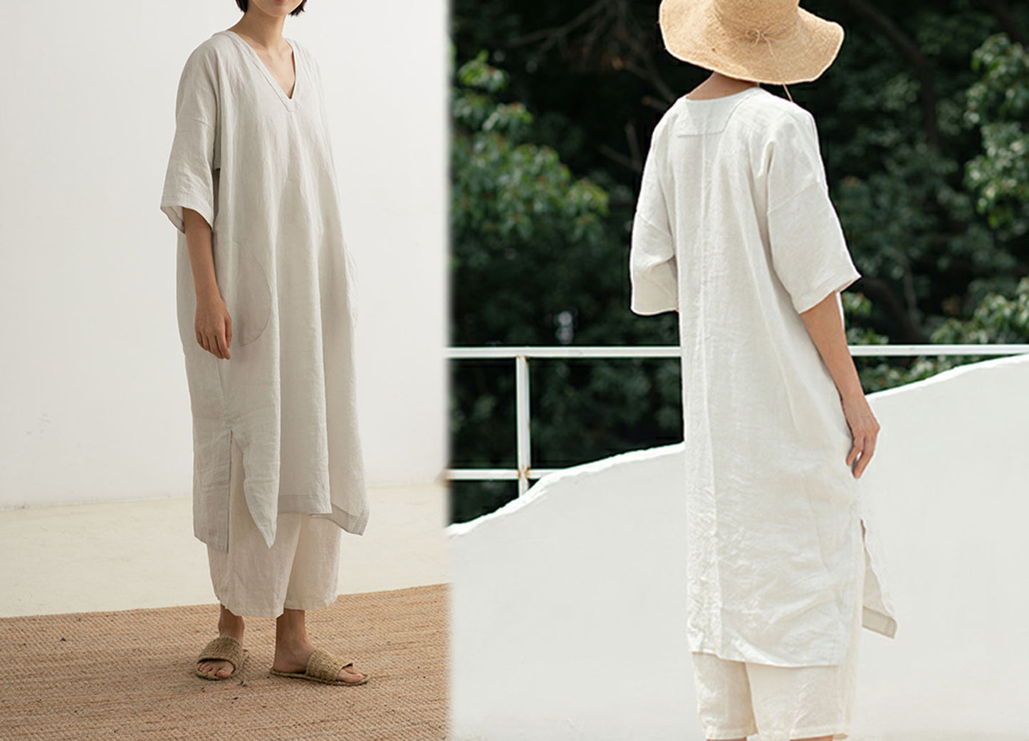 edoa Loose Fitting V-neck French Linen Dress