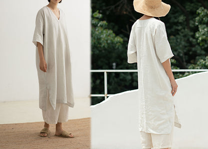 edoa Loose Fitting V-neck French Linen Dress