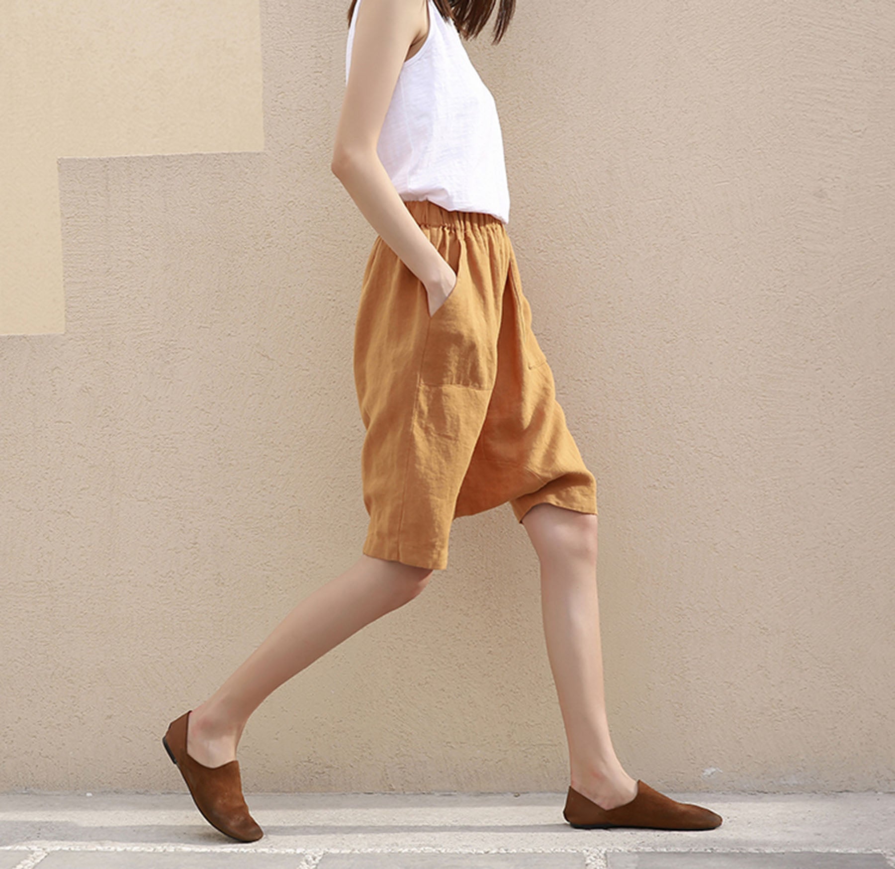 edoa Loose Drop Crotch Linen Harem Pants
