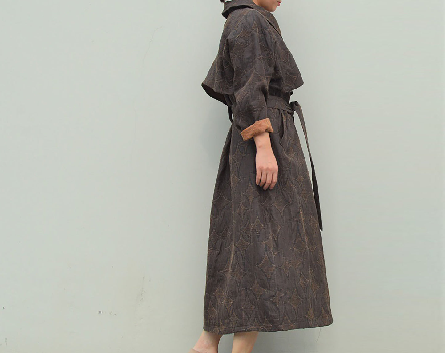 edoa Mud Tussah Silk Jacquard Peter Pan Collar Trench Coat 