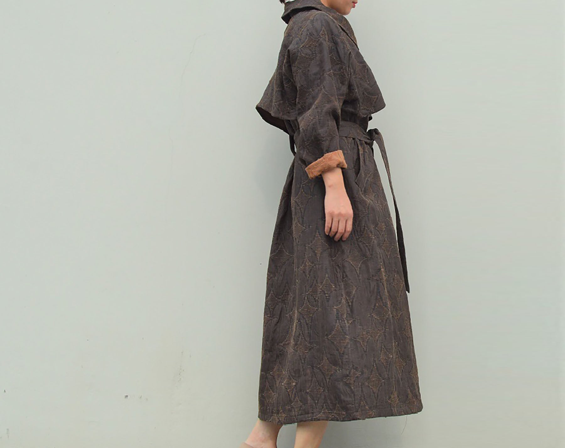 edoa Mud Tussah Silk Jacquard Peter Pan Collar Trench Coat 