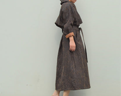 edoa Mud Tussah Silk Jacquard Peter Pan Collar Trench Coat 