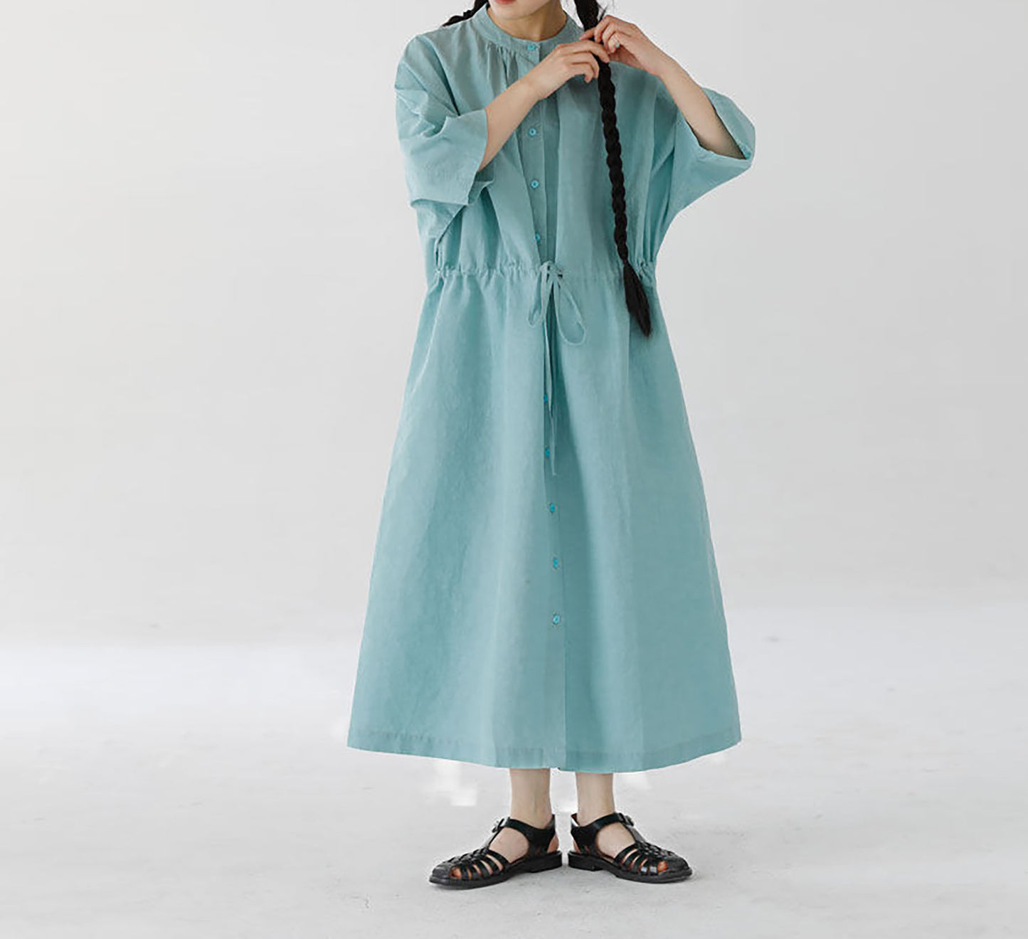edoa Super Loose Light Blue Linen Shirtdress