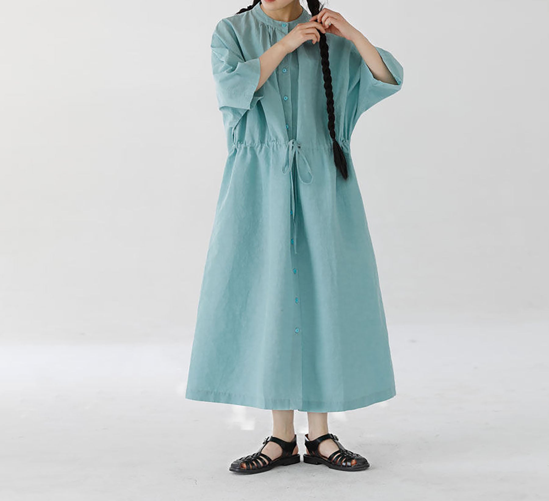 edoa Super Loose Light Blue Linen Shirtdress