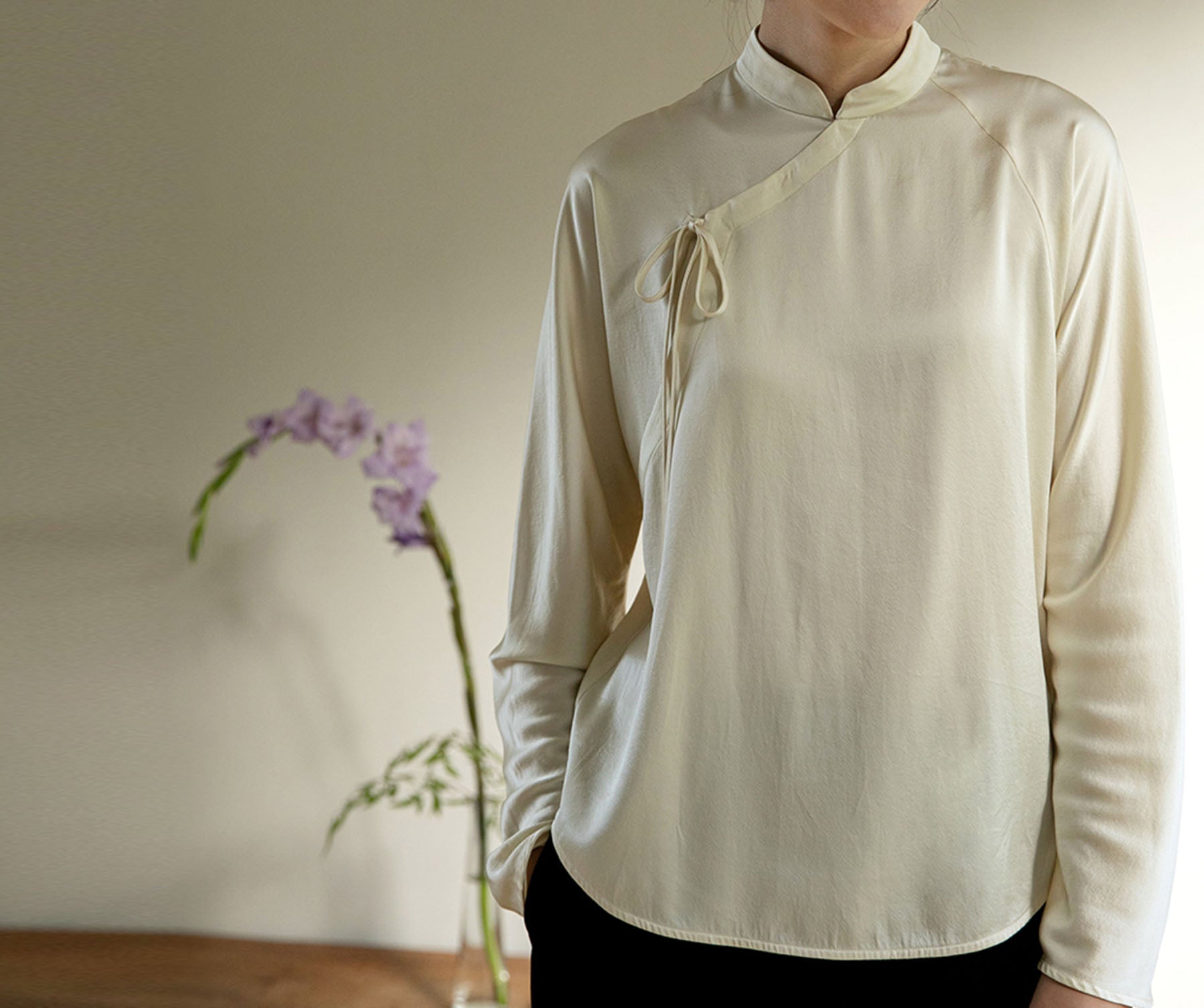 edoa Stone Washed Silk Satin Chinese Blouse