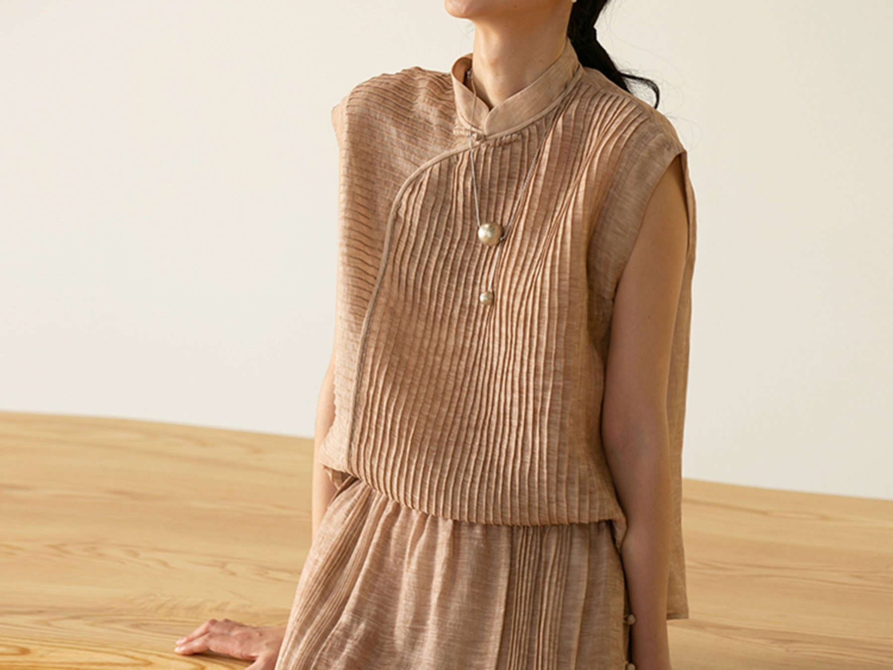 edoa Hand-pintucked Distressed Linen Rayon blend Qipao