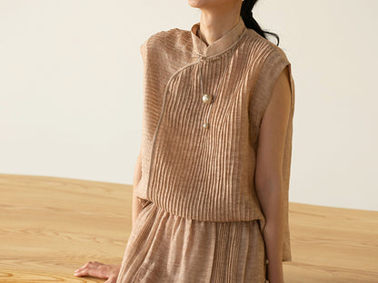 edoa Hand-pintucked Distressed Linen Rayon blend Qipao