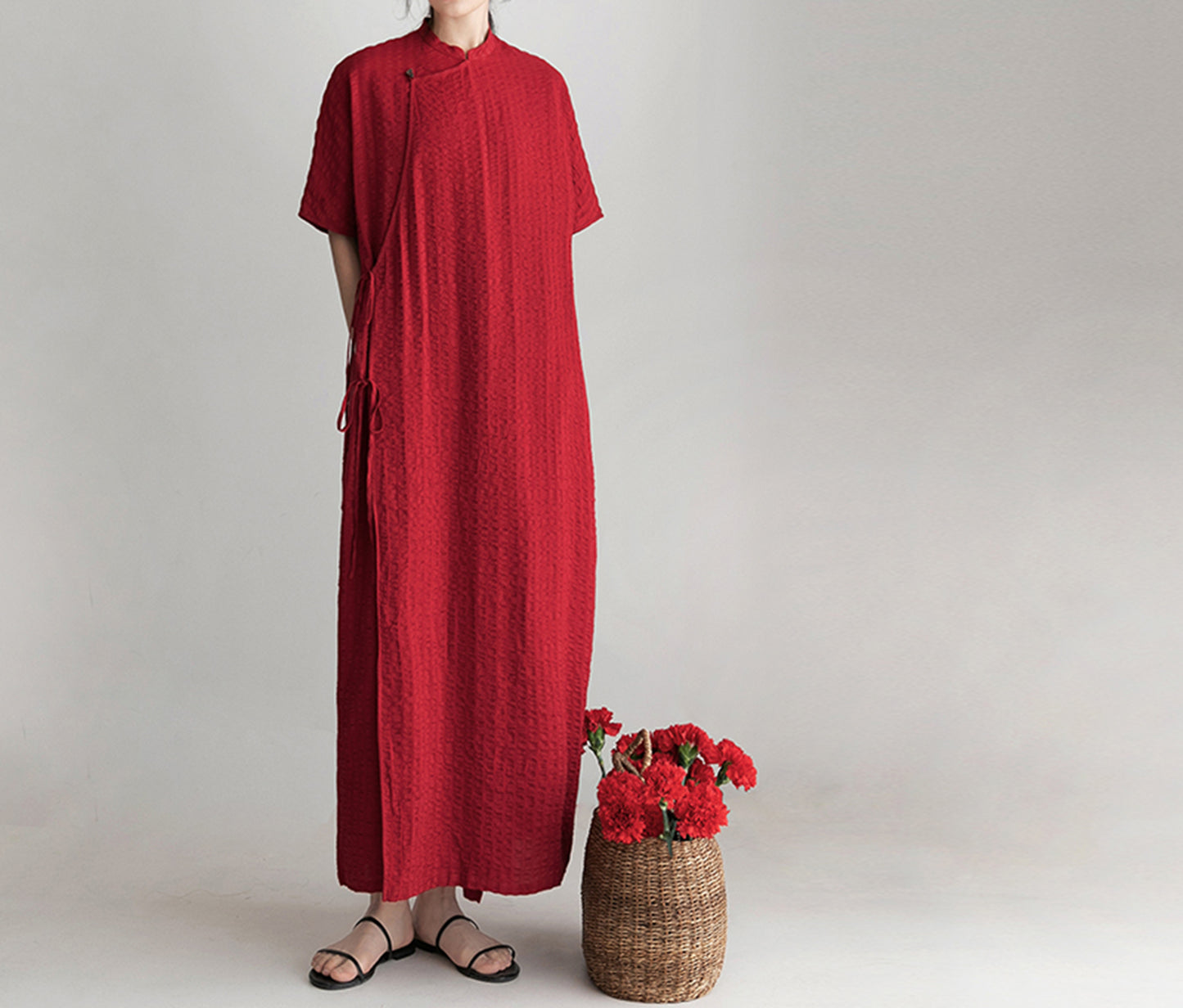 edoa Scarlet Crinkled Stripe Linen Blend Qipao Dress